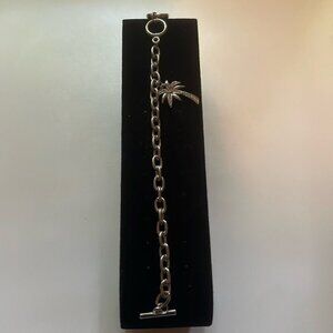 🌴✨ Silver Palm Tree Charm Bracelet | 8.5” Toggle Clasp | Rhinestone Accent